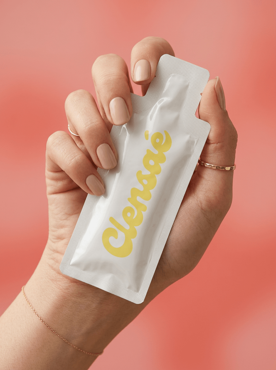 Clensaé botanical sachet on a sunny tabletop.